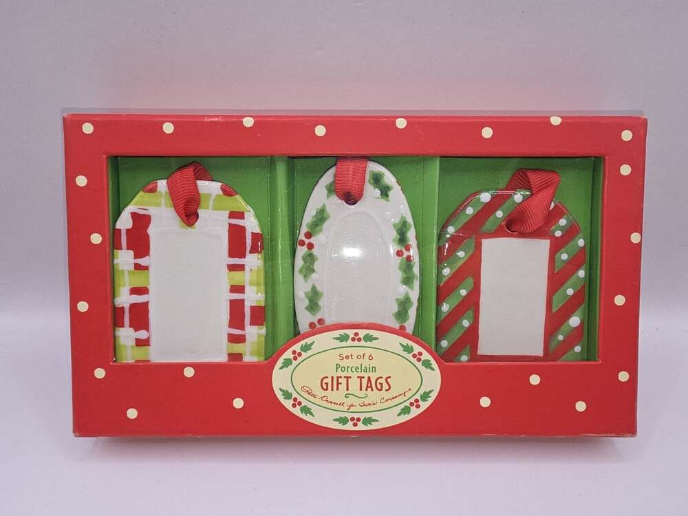 Two's Company Porcelain Gift Tags Tree Ornaments Set of 6 - 3 Inch